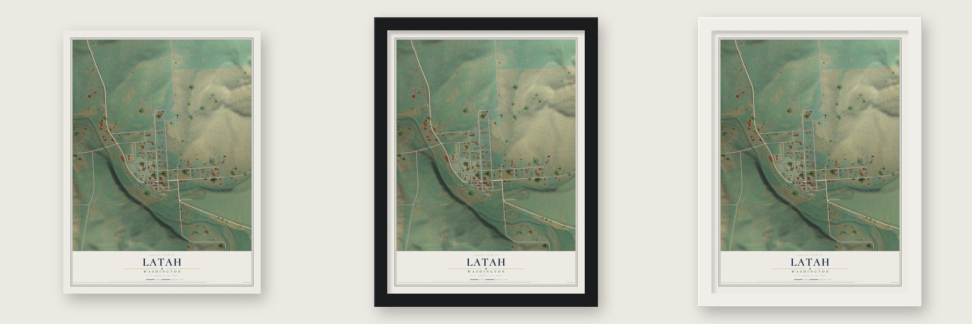 Latah, Washington map unframed, in a black wood frame and in a white wood frame