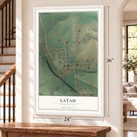 Latah, Washington map, 24 x 36 inch print in a white frame by a staircase
