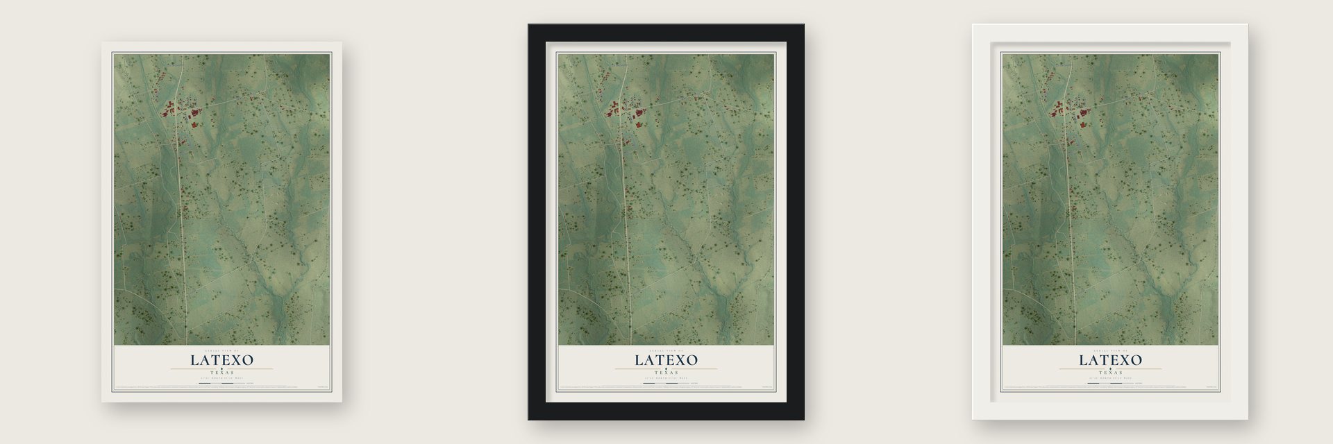 Latexo, Texas map unframed, in a black wood frame and in a white wood frame