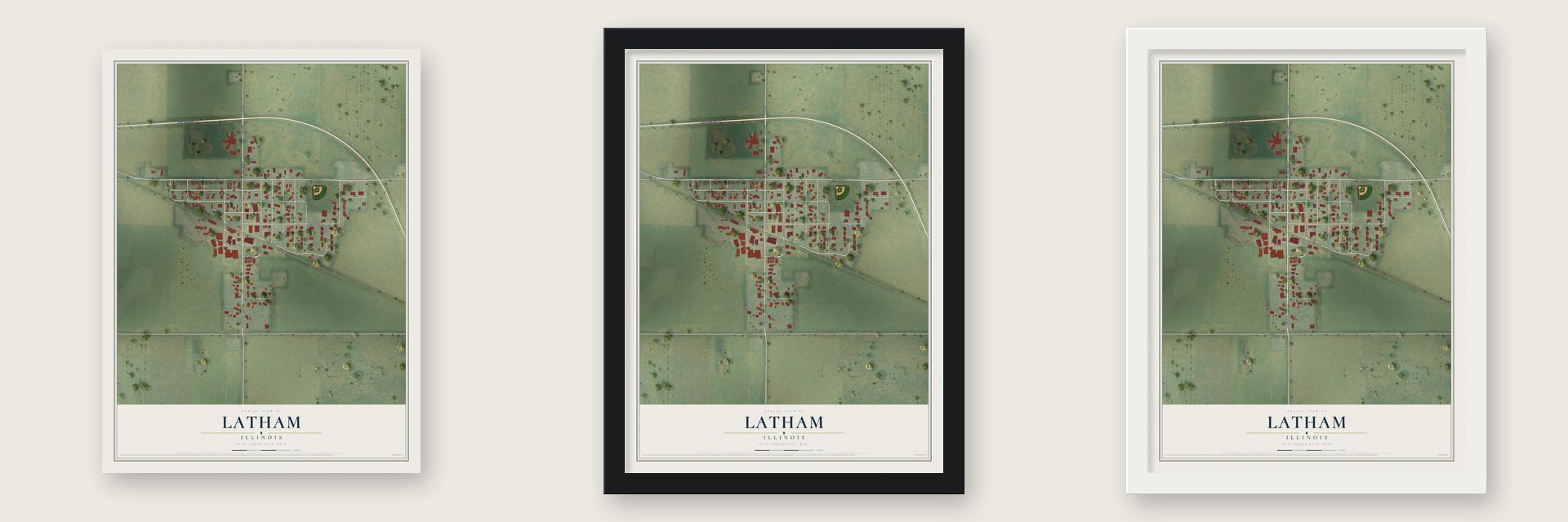 Latham, Illinois map unframed, in a black wood frame and in a white wood frame