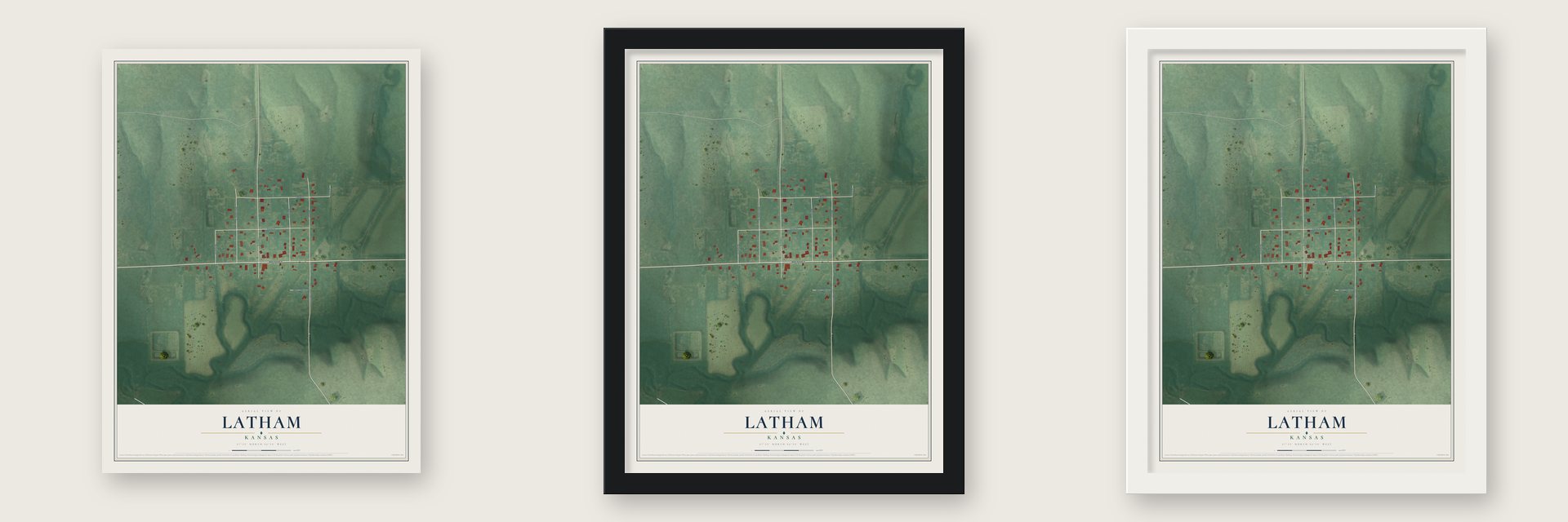 Latham, Kansas map unframed, in a black wood frame and in a white wood frame