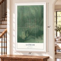 Latham, Kansas map, 24 x 36 inch print in a white frame by a staircase