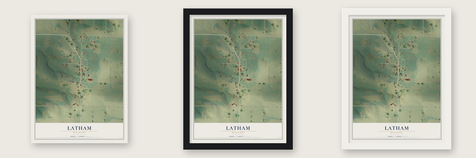 Latham, Missouri map unframed, in a black wood frame and in a white wood frame