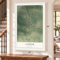 Latham, Missouri map, 24 x 36 inch print in a white frame by a staircase