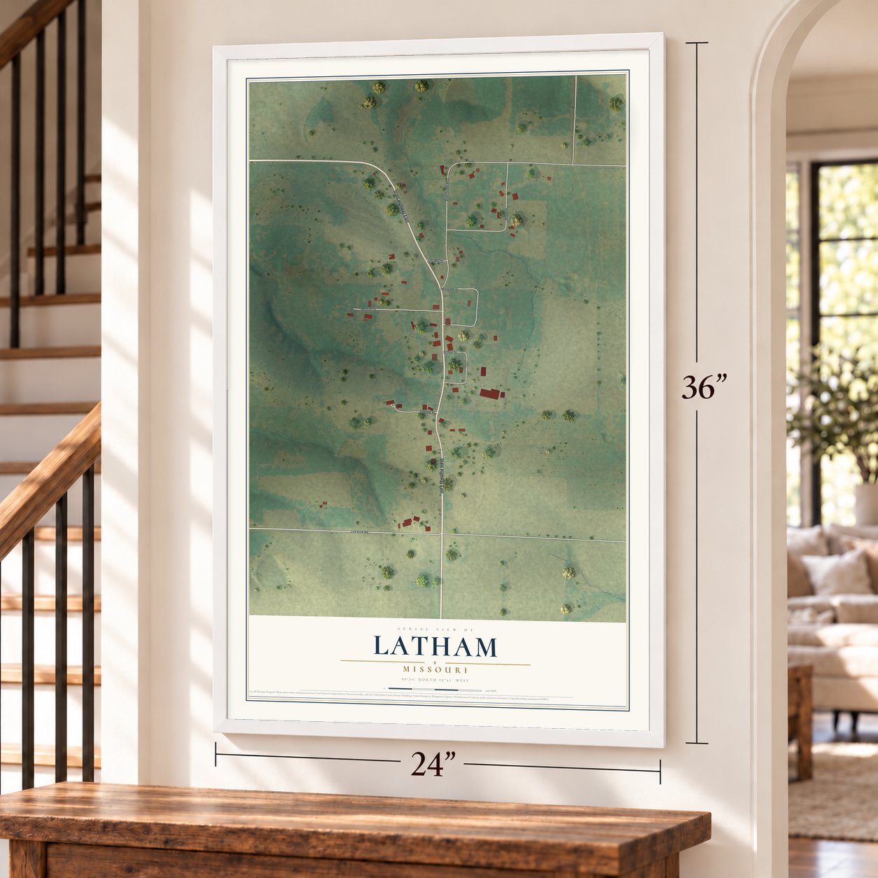 Latham, Missouri map, 24 x 36 inch print in a white frame by a staircase