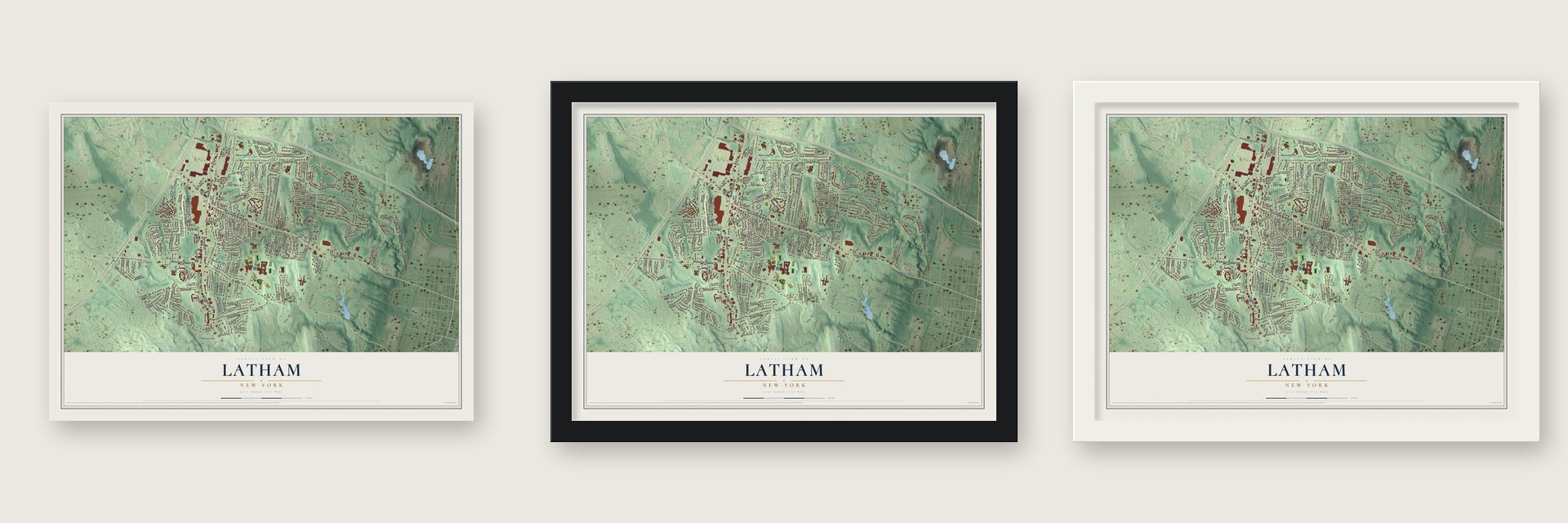 Latham, New York map unframed, in a black wood frame and in a white wood frame