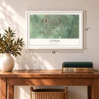 Latham, New York map, 12 x 18 inch print in a white frame in an entryway