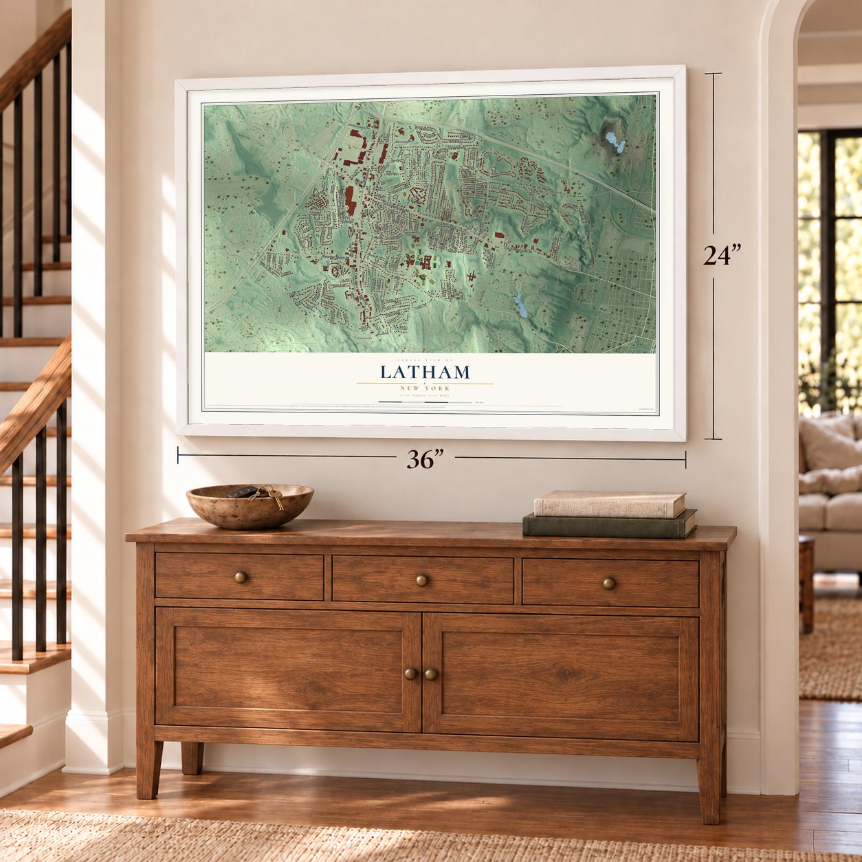 Latham, New York map, 24 x 36 inch print in a white frame above a dresser by a staircase