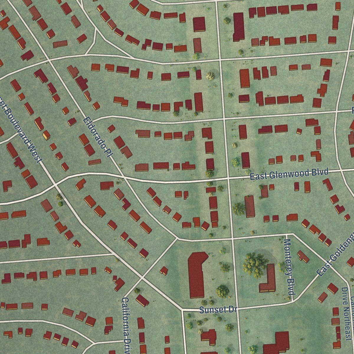 Second close-up of the map of Lathrup Village, Michigan print showing more streets and buildings