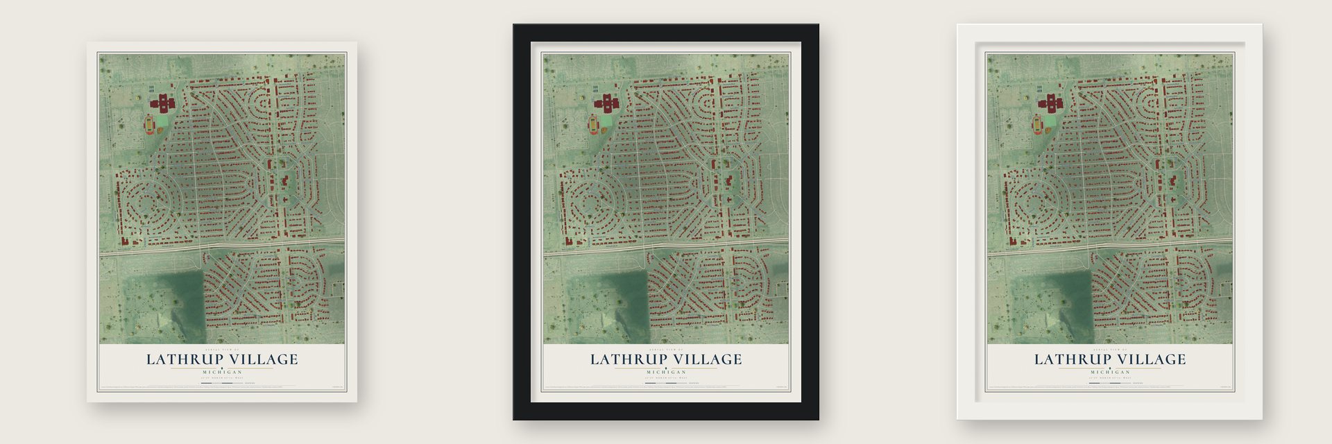 Lathrup Village, Michigan map unframed, in a black wood frame and in a white wood frame