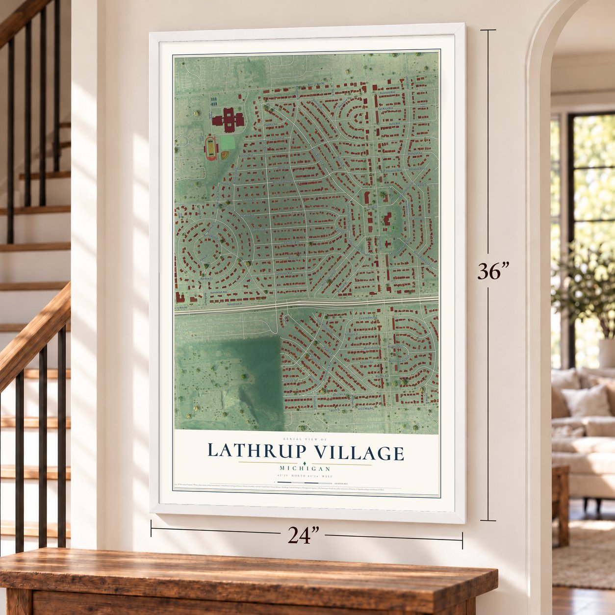 Lathrup Village, Michigan map, 24 x 36 inch print in a white frame by a staircase