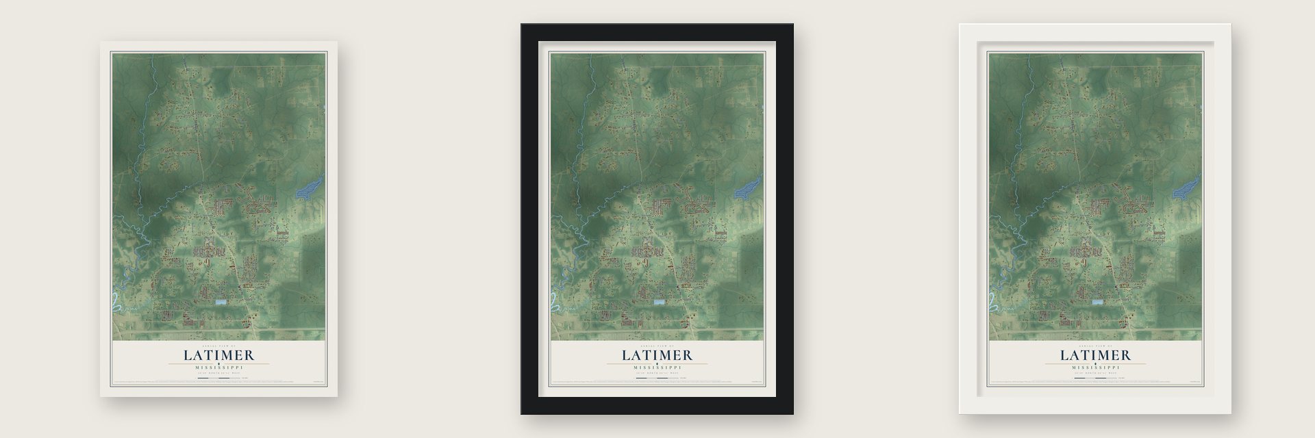 Latimer, Mississippi map unframed, in a black wood frame and in a white wood frame