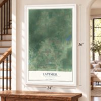 Latimer, Mississippi map, 24 x 36 inch print in a white frame by a staircase