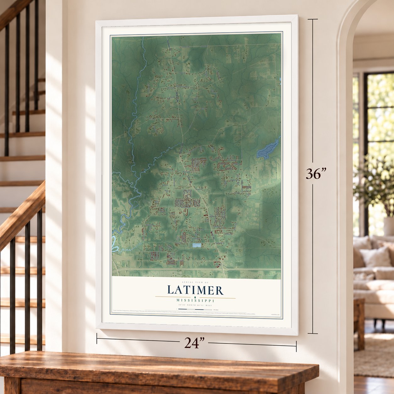 Latimer, Mississippi map, 24 x 36 inch print in a white frame by a staircase