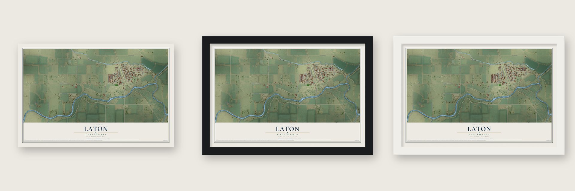 Laton, California map unframed, in a black wood frame and in a white wood frame