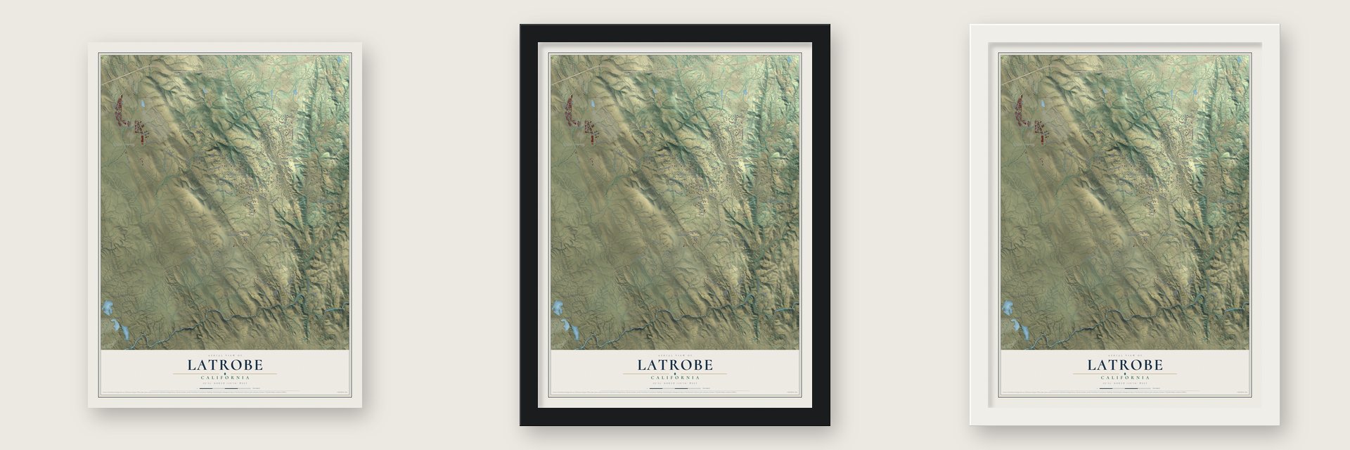 Latrobe, California map unframed, in a black wood frame and in a white wood frame