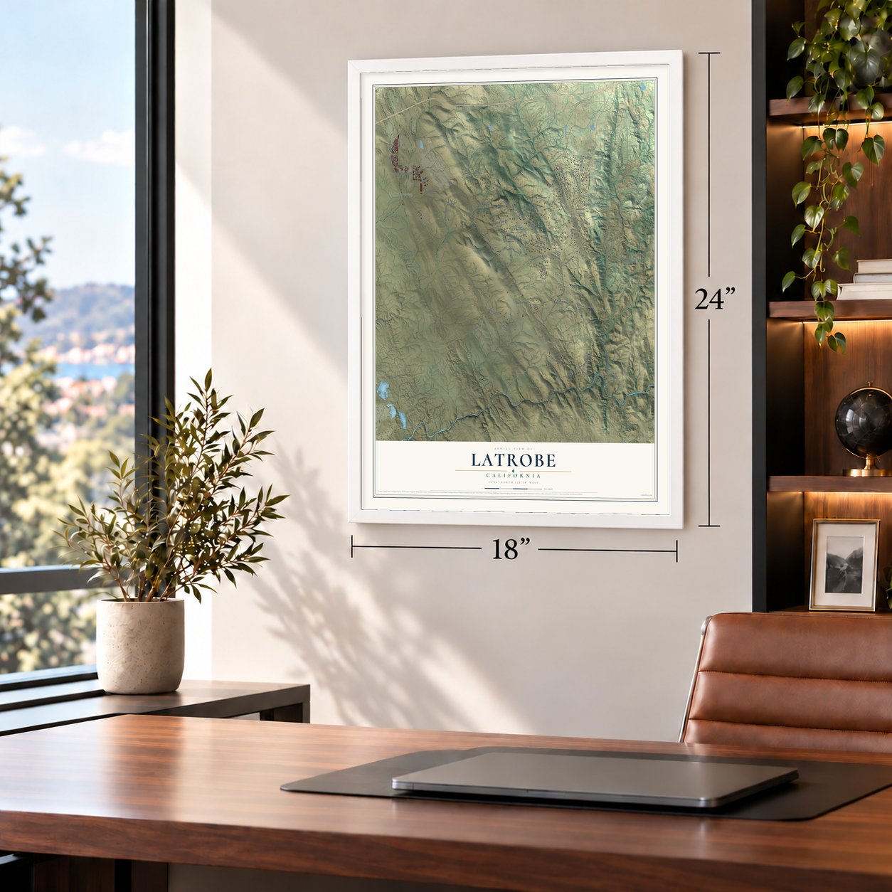 Latrobe, California map, 18 x 24 inch print in a white frame in a home office