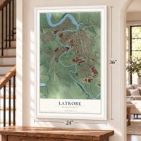 Latrobe, Pennsylvania map, 24 x 36 inch print in a white frame by a staircase