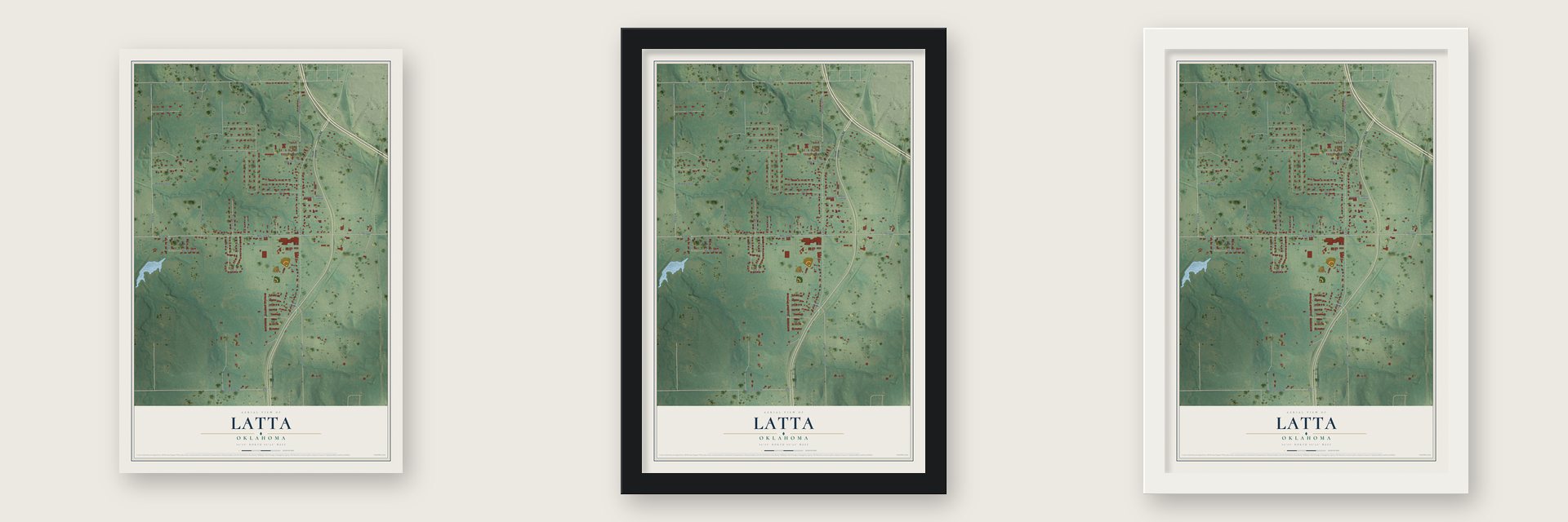 Latta, Oklahoma map unframed, in a black wood frame and in a white wood frame