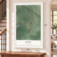 Latta, Oklahoma map, 24 x 36 inch print in a white frame by a staircase