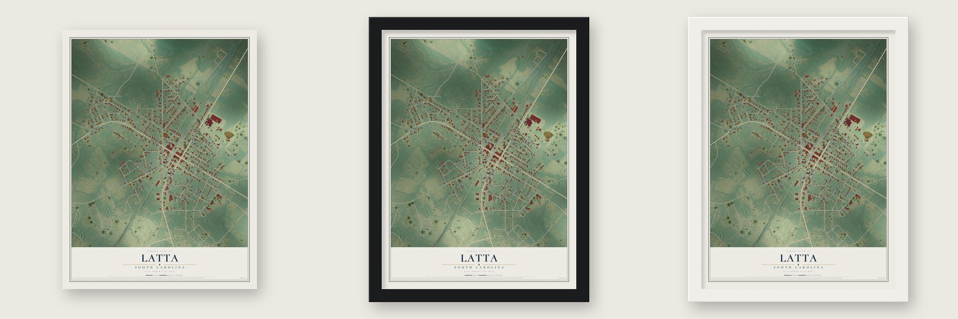 Latta, South Carolina map unframed, in a black wood frame and in a white wood frame
