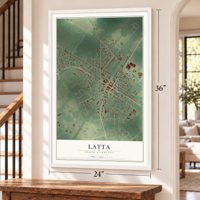 Latta, South Carolina map, 24 x 36 inch print in a white frame by a staircase