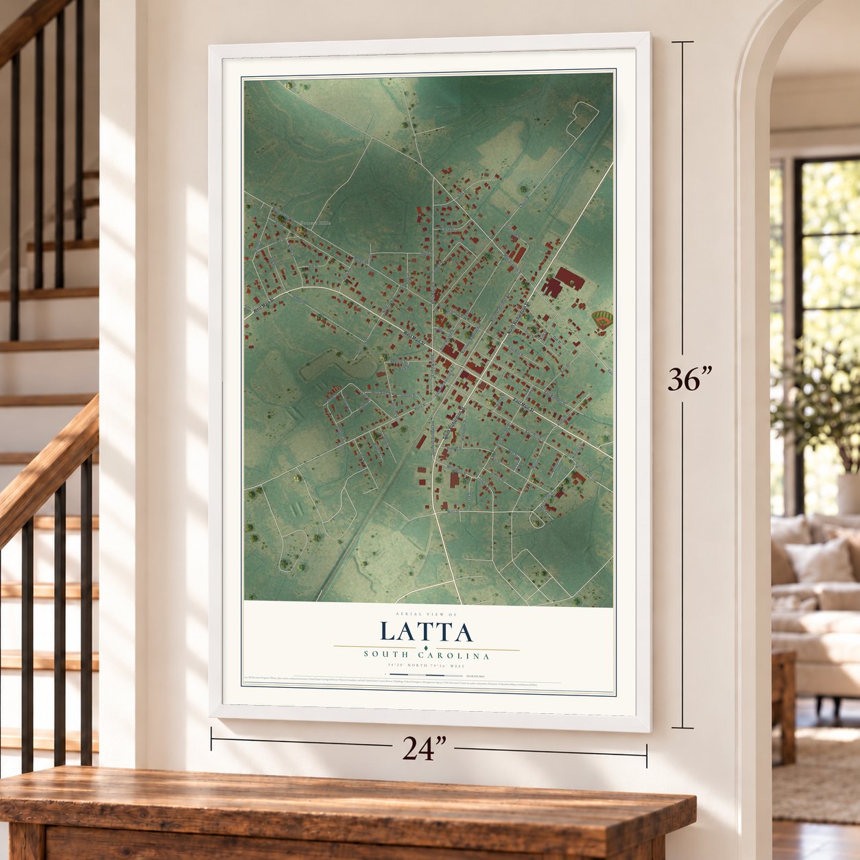 Latta, South Carolina map, 24 x 36 inch print in a white frame by a staircase