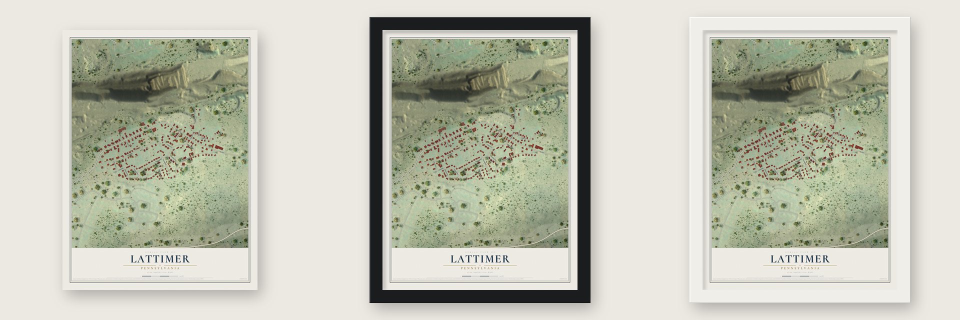 Lattimer, Pennsylvania map unframed, in a black wood frame and in a white wood frame