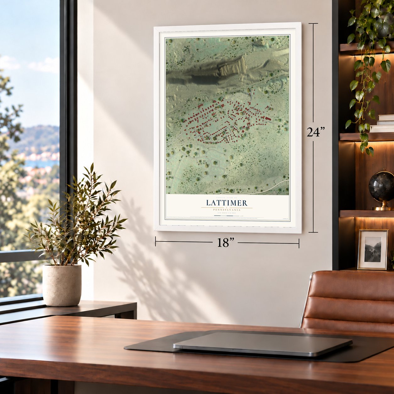 Lattimer, Pennsylvania map, 18 x 24 inch print in a white frame in a home office
