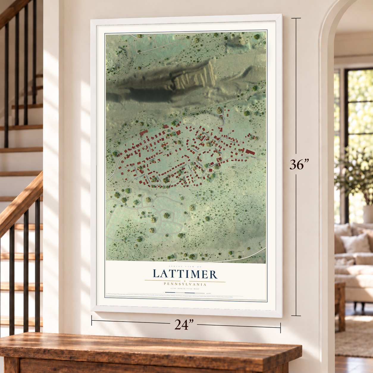 Lattimer, Pennsylvania map, 24 x 36 inch print in a white frame by a staircase