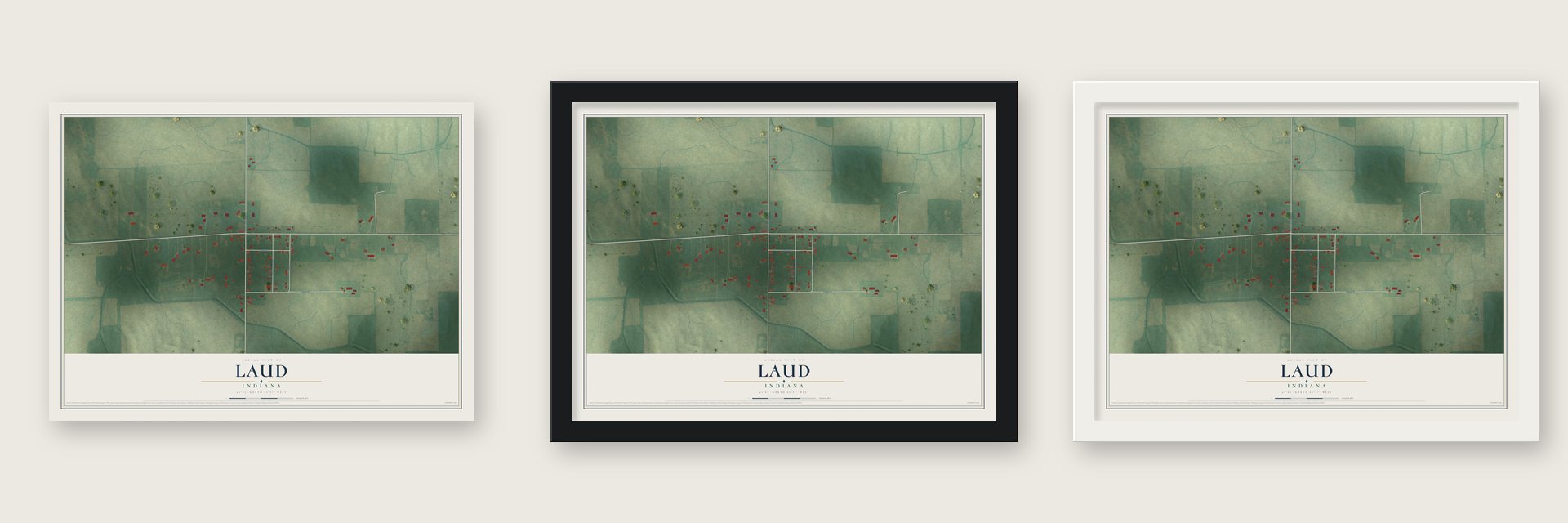 Laud, Indiana map unframed, in a black wood frame and in a white wood frame
