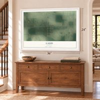 Laud, Indiana map, 24 x 36 inch print in a white frame above a dresser by a staircase