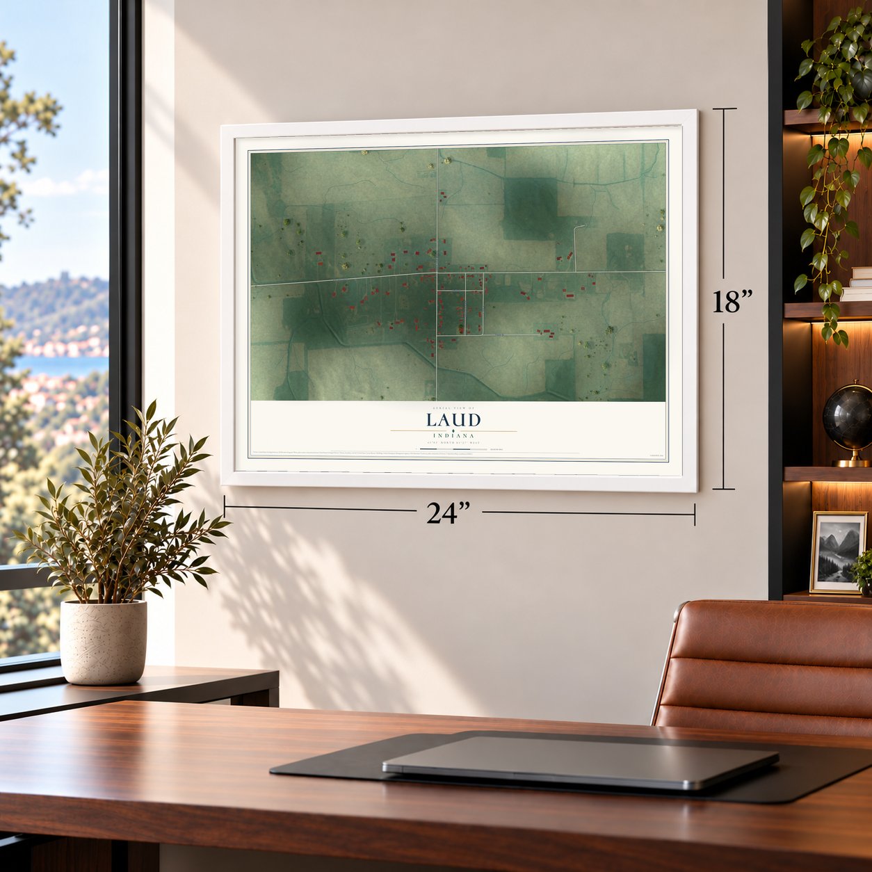 Laud, Indiana map, 18 x 24 inch print in a white frame in a home office