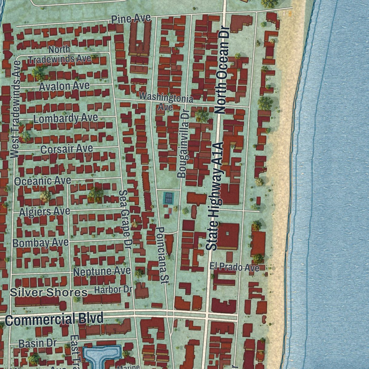 Second close-up of the map of Lauderdale-by-the-Sea, Florida print showing more streets and buildings