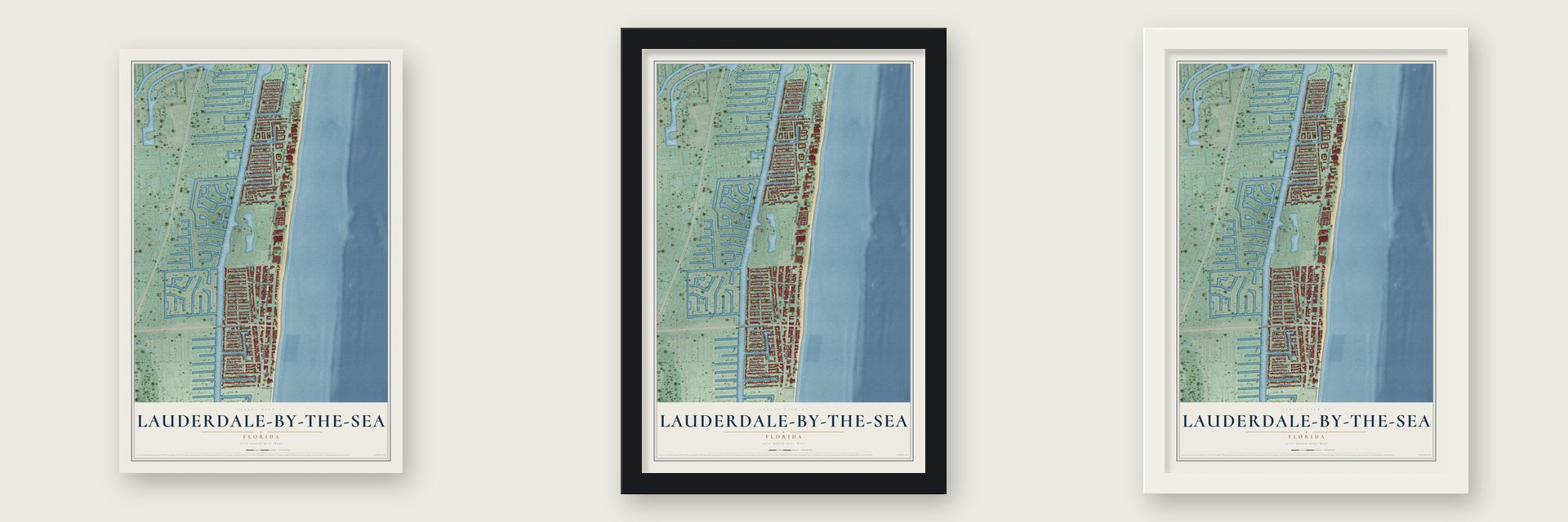 Lauderdale-by-the-Sea, Florida map unframed, in a black wood frame and in a white wood frame