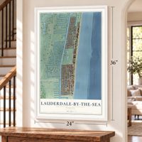 Lauderdale-by-the-Sea, Florida map, 24 x 36 inch print in a white frame by a staircase