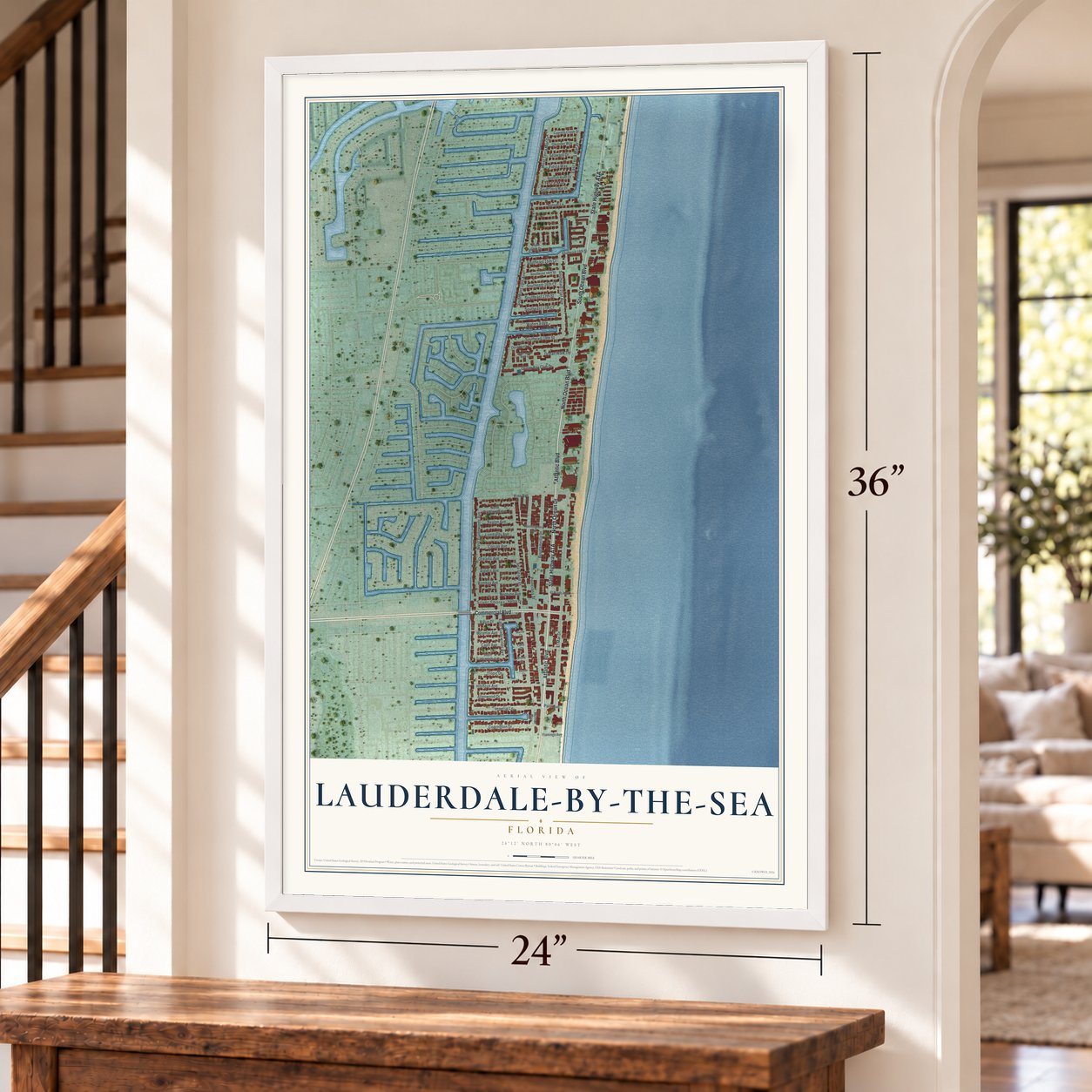 Lauderdale-by-the-Sea, Florida map, 24 x 36 inch print in a white frame by a staircase