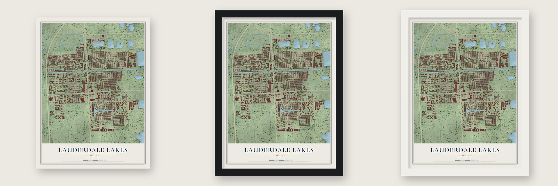Lauderdale Lakes, Florida map unframed, in a black wood frame and in a white wood frame