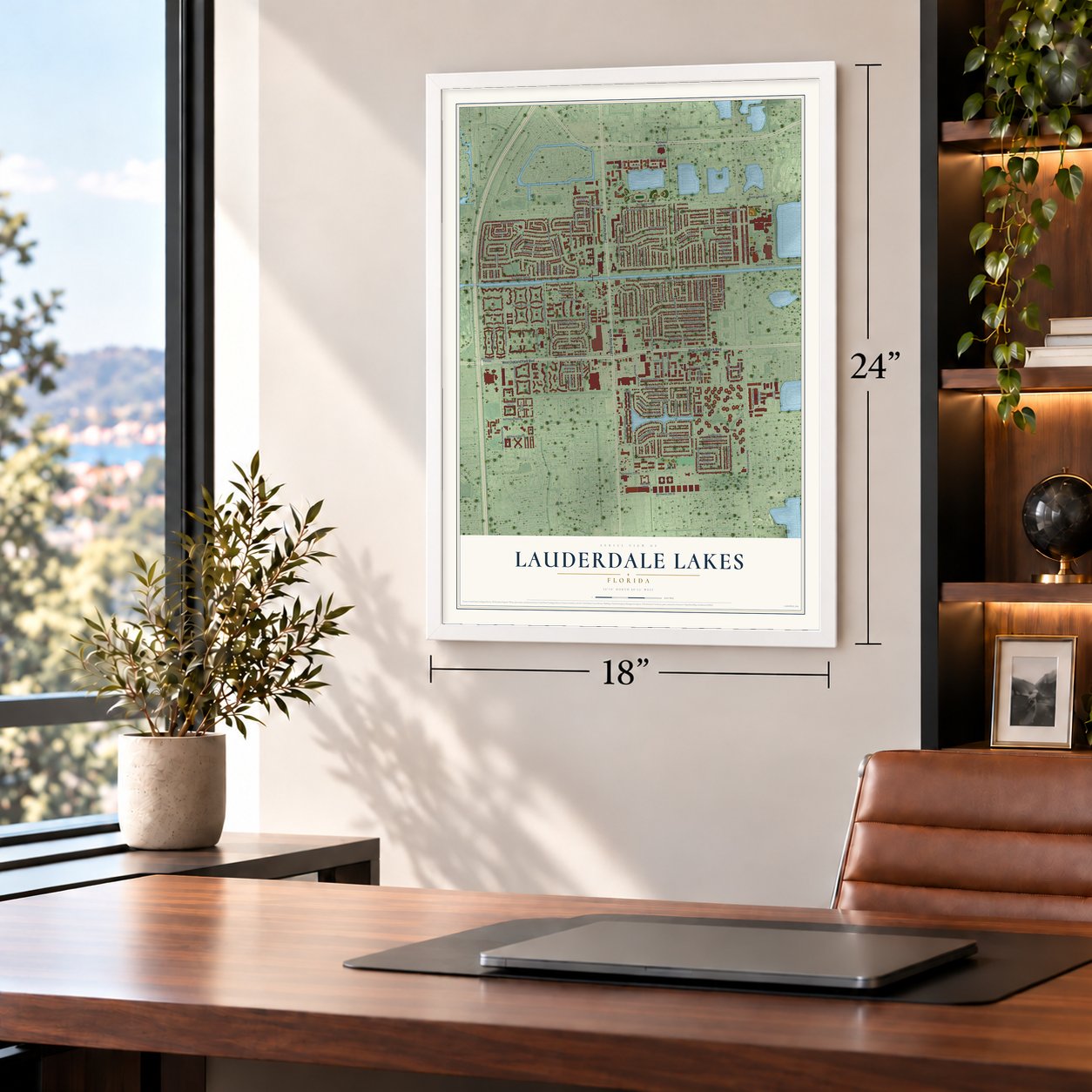 Lauderdale Lakes, Florida map, 18 x 24 inch print in a white frame in a home office