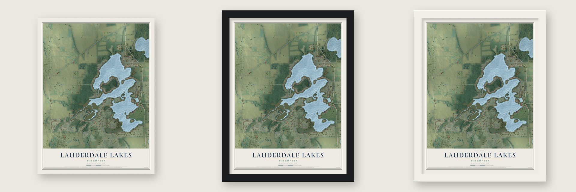 Lauderdale Lakes, Wisconsin map unframed, in a black wood frame and in a white wood frame