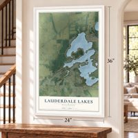 Lauderdale Lakes, Wisconsin map, 24 x 36 inch print in a white frame by a staircase