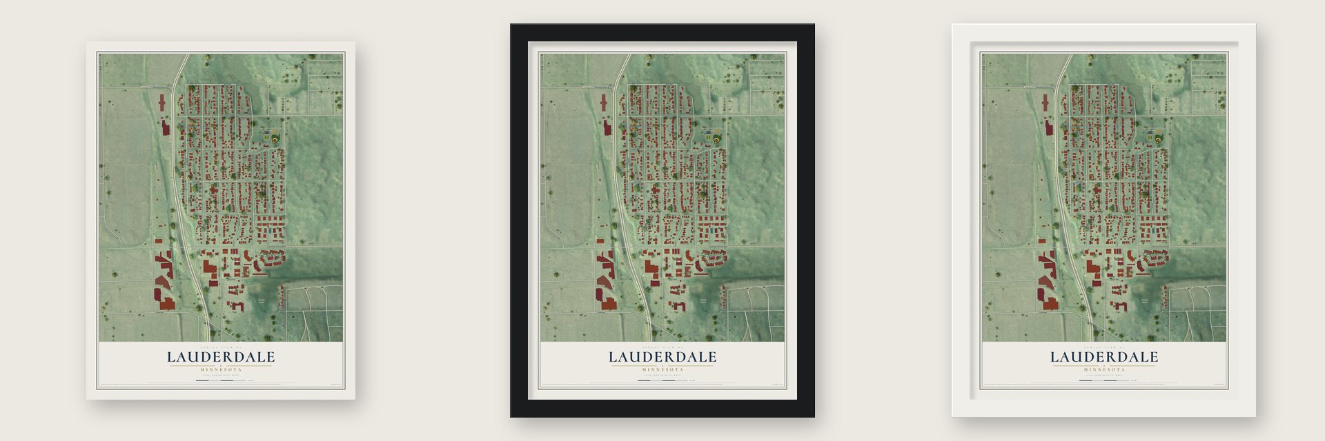 Lauderdale, Minnesota map unframed, in a black wood frame and in a white wood frame