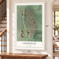 Lauderdale, Minnesota map, 24 x 36 inch print in a white frame by a staircase
