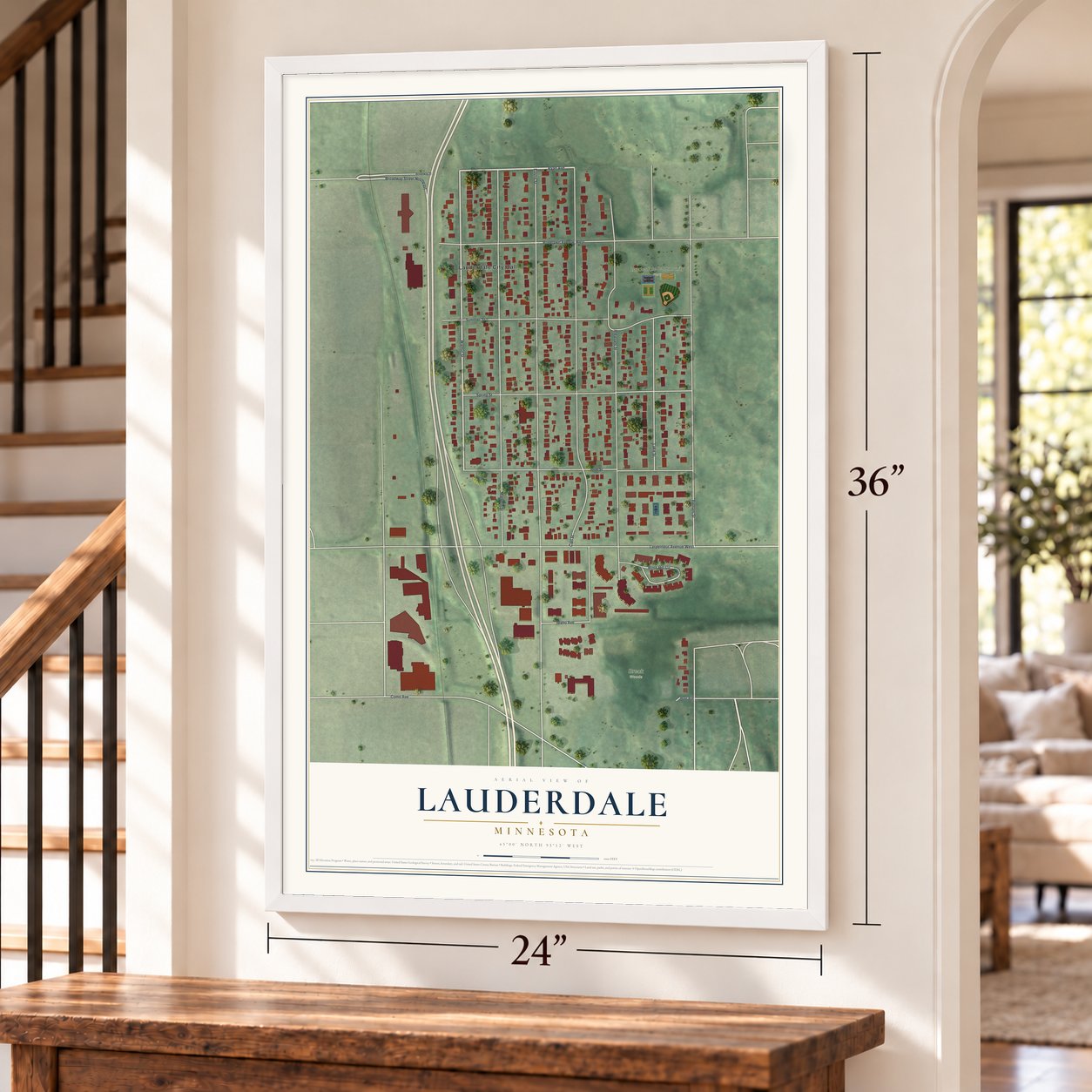 Lauderdale, Minnesota map, 24 x 36 inch print in a white frame by a staircase