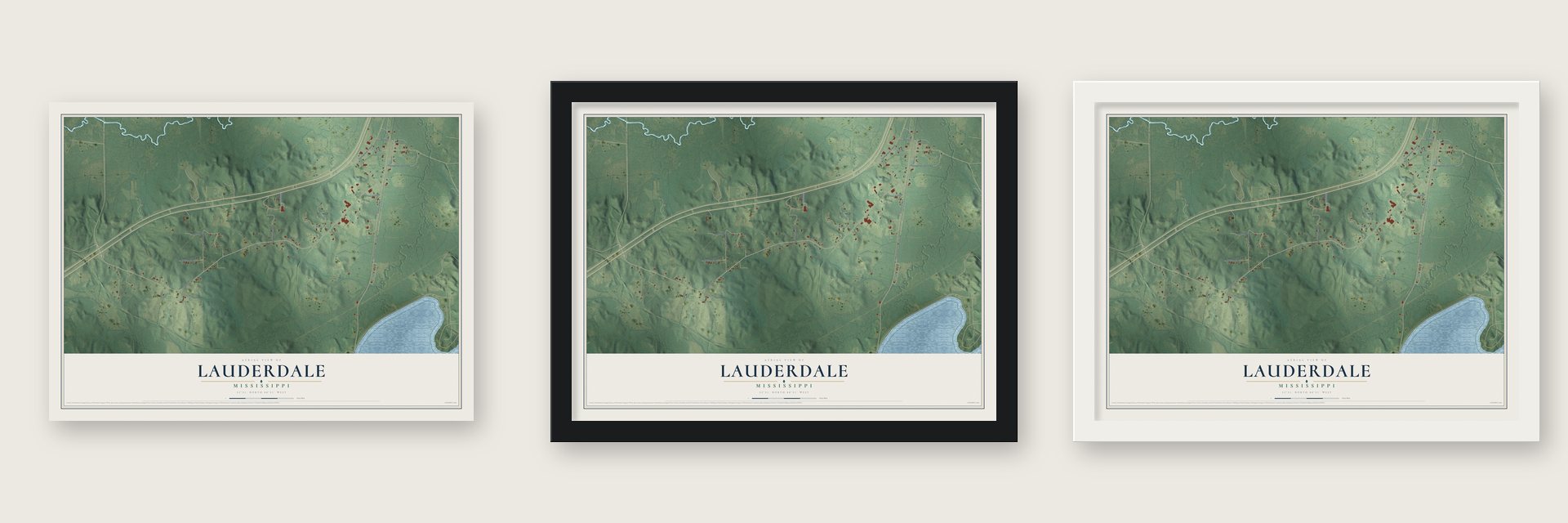 Lauderdale, Mississippi map unframed, in a black wood frame and in a white wood frame