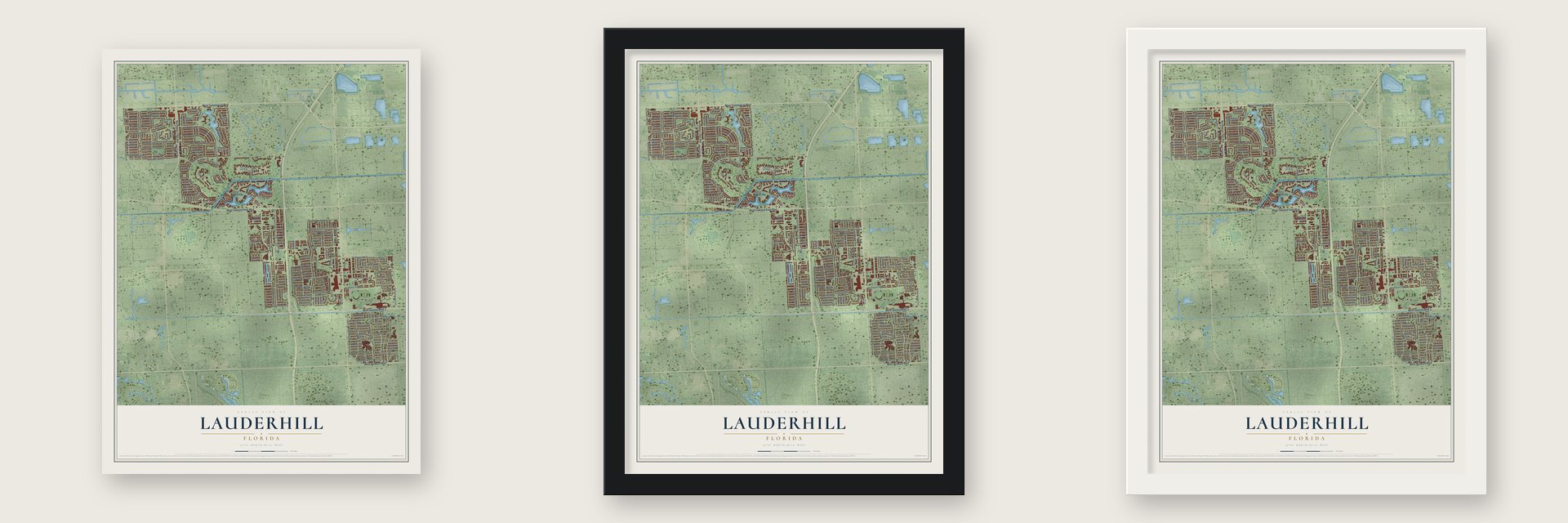 Lauderhill, Florida map unframed, in a black wood frame and in a white wood frame