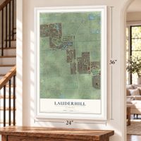 Lauderhill, Florida map, 24 x 36 inch print in a white frame by a staircase