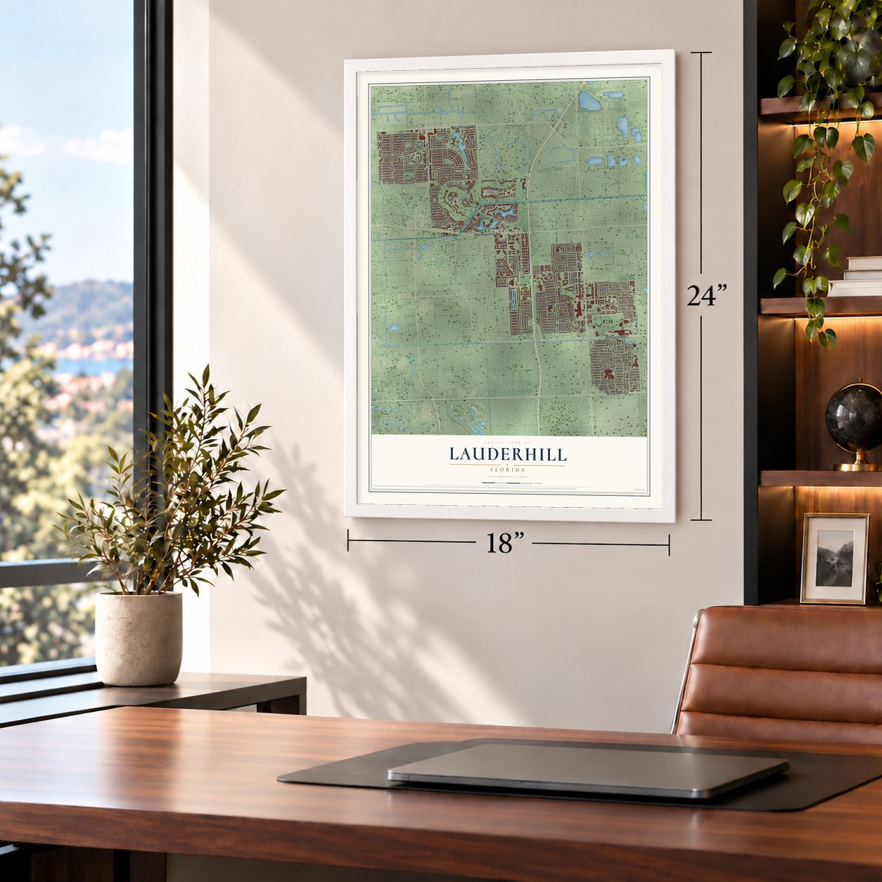 Lauderhill, Florida map, 18 x 24 inch print in a white frame in a home office