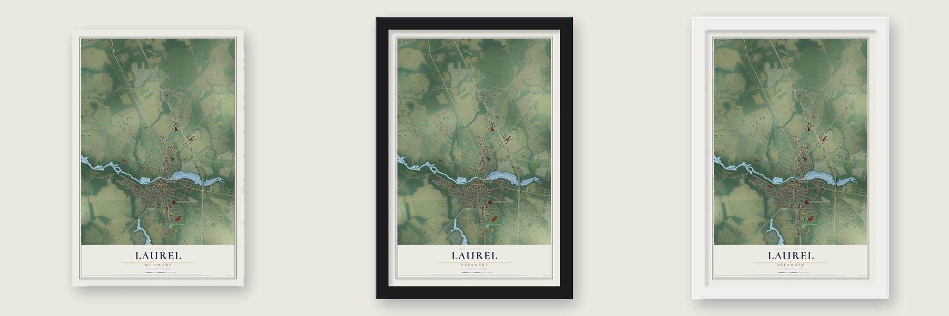 Laurel, Delaware map unframed, in a black wood frame and in a white wood frame