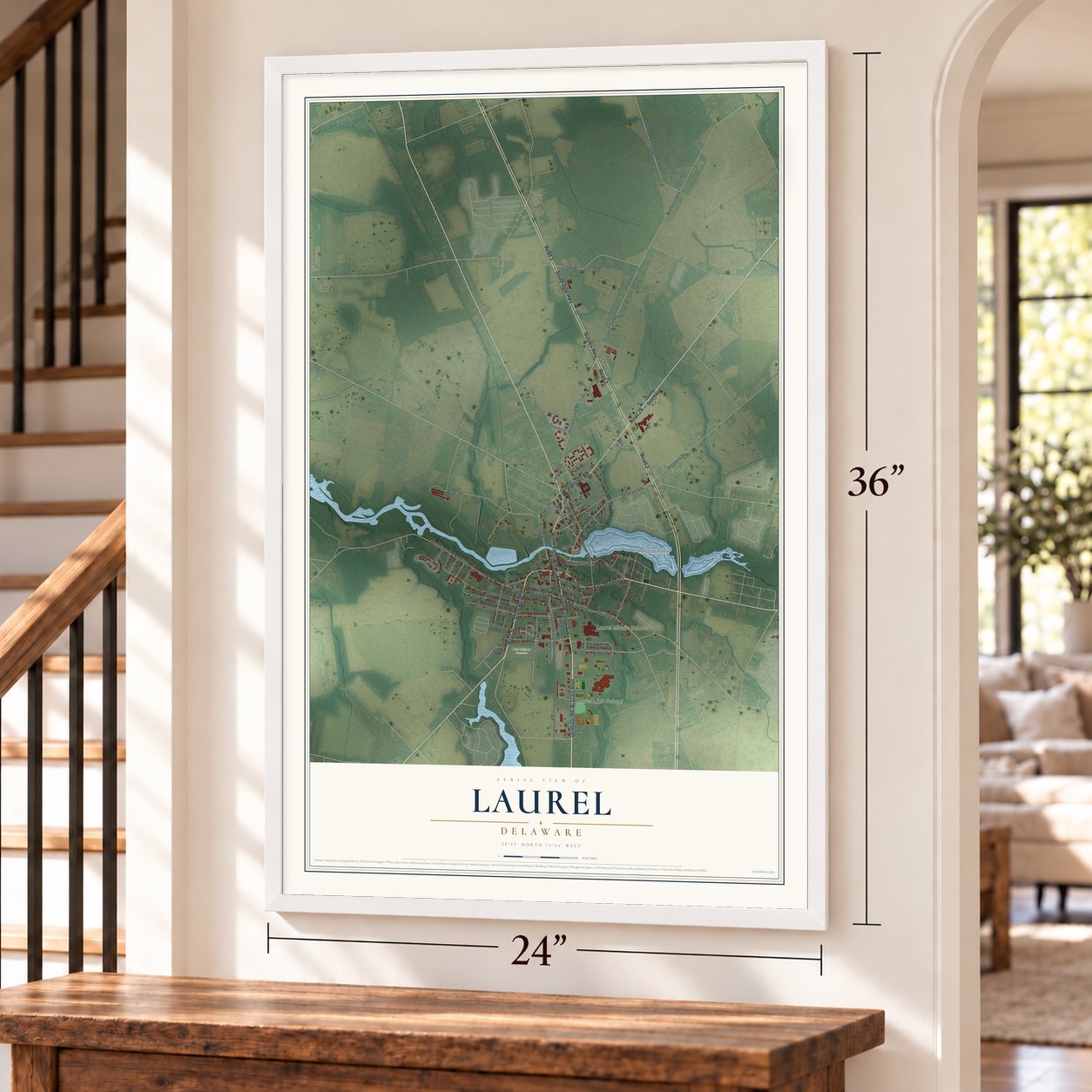 Laurel, Delaware map, 24 x 36 inch print in a white frame by a staircase